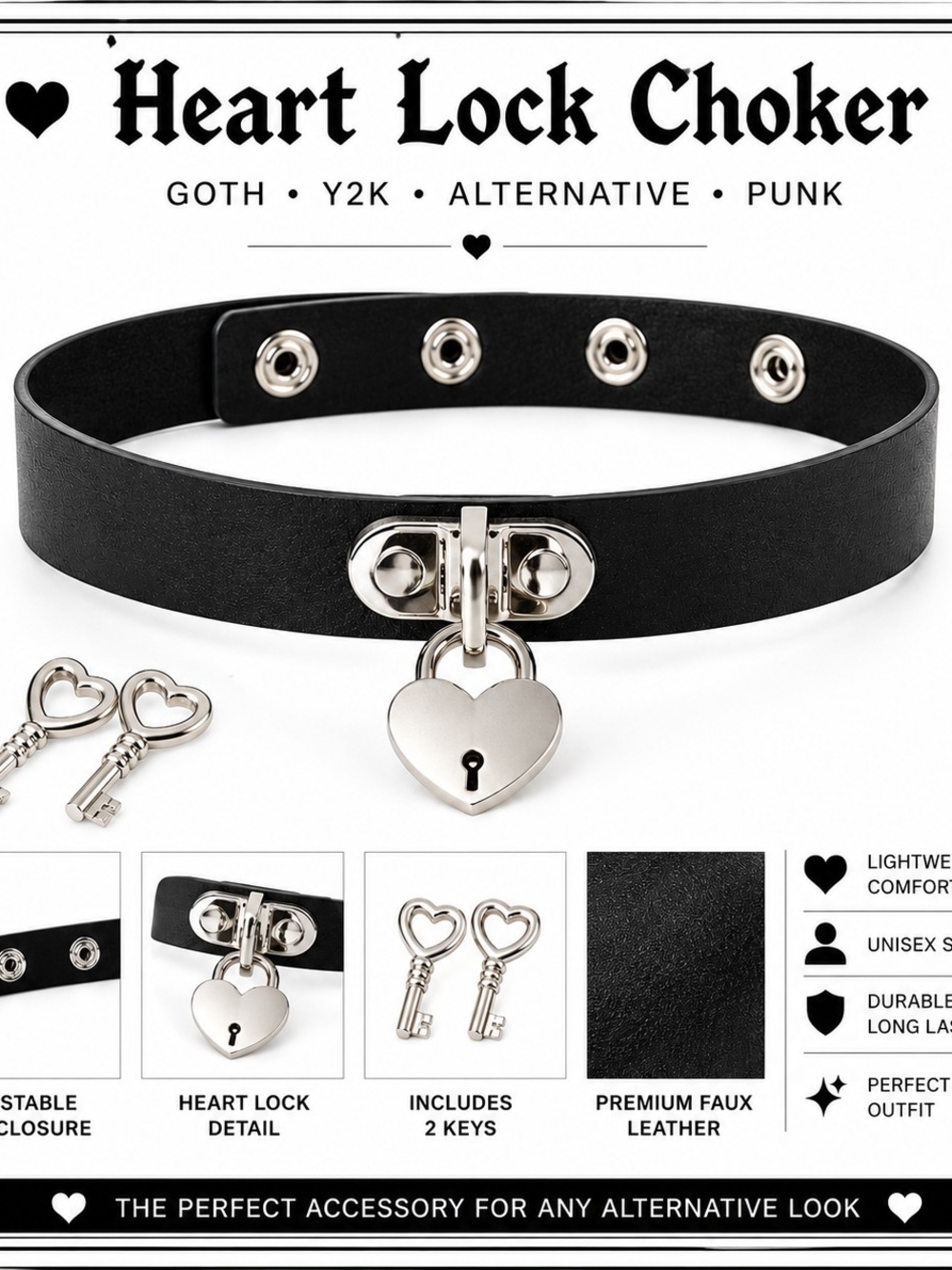Heart Lock Choker Goth Punk Alternative Faux Leather Necklace